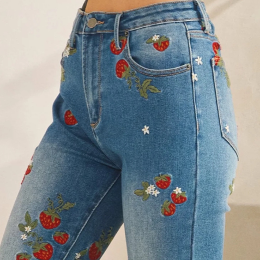Blue Embroidered Strawberry Flare Jeans - Picture 7 of 9